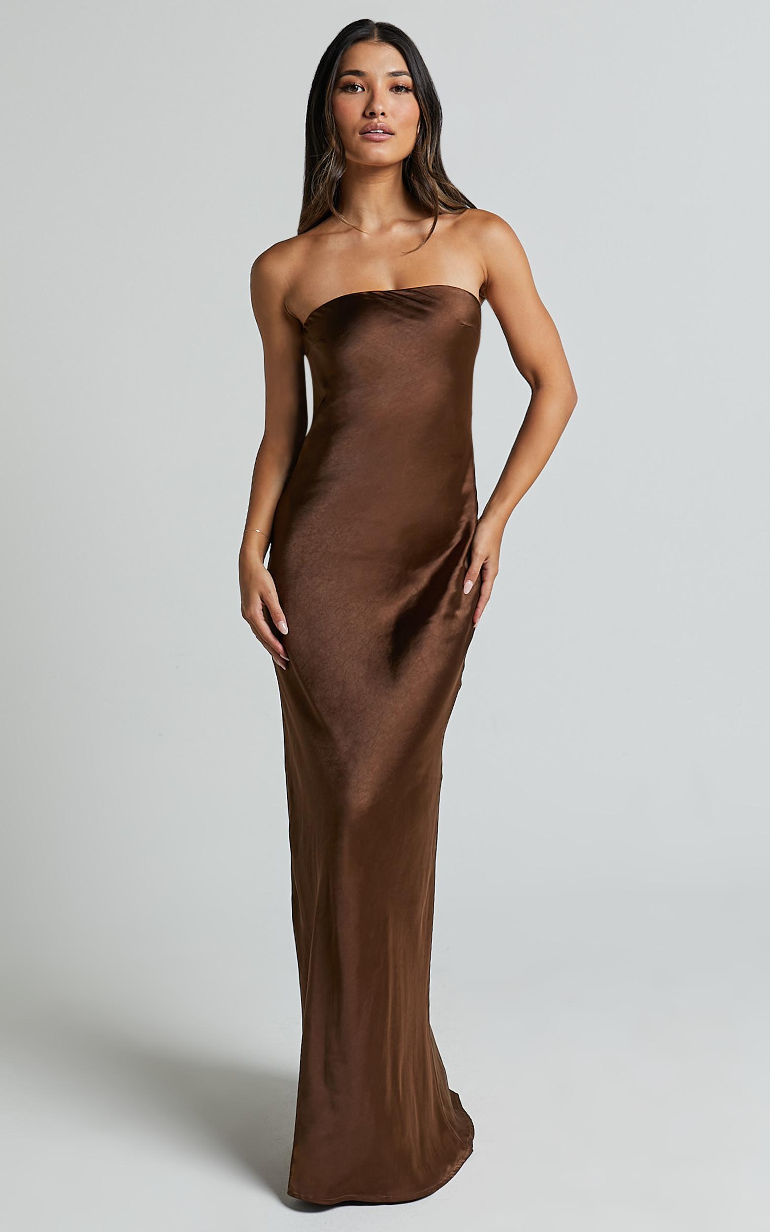 charlita maxi dress - strapless cowl back satin dress in chocolate