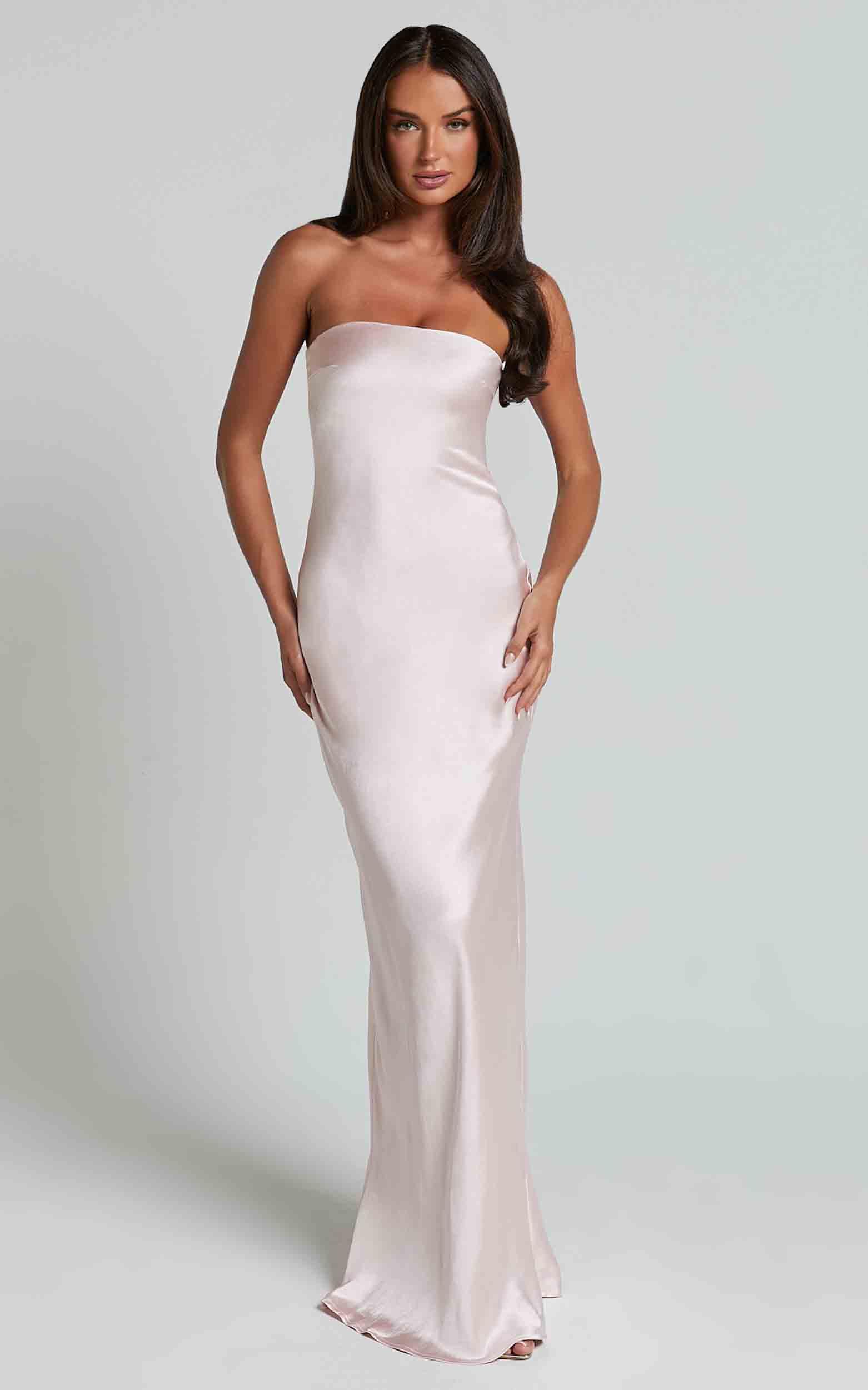 charlita maxi dress - strapless cowl back satin dress in pale pink