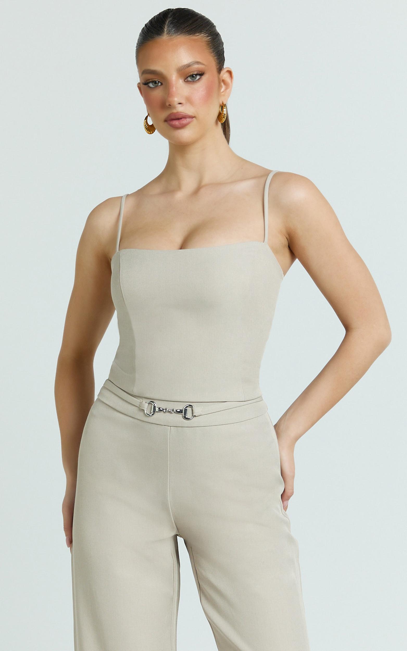 charlize top - spaghetti strap scoop neck top in stone