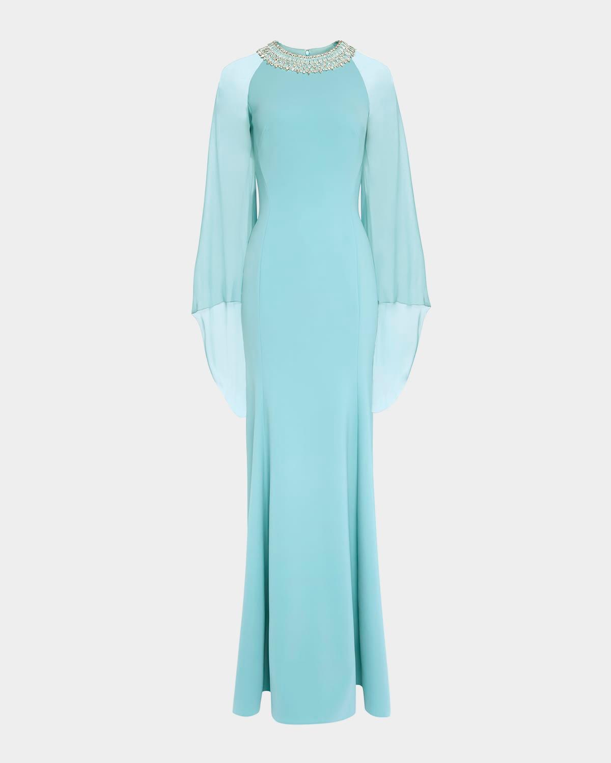 charma crystal-neck flare-sleeve gown