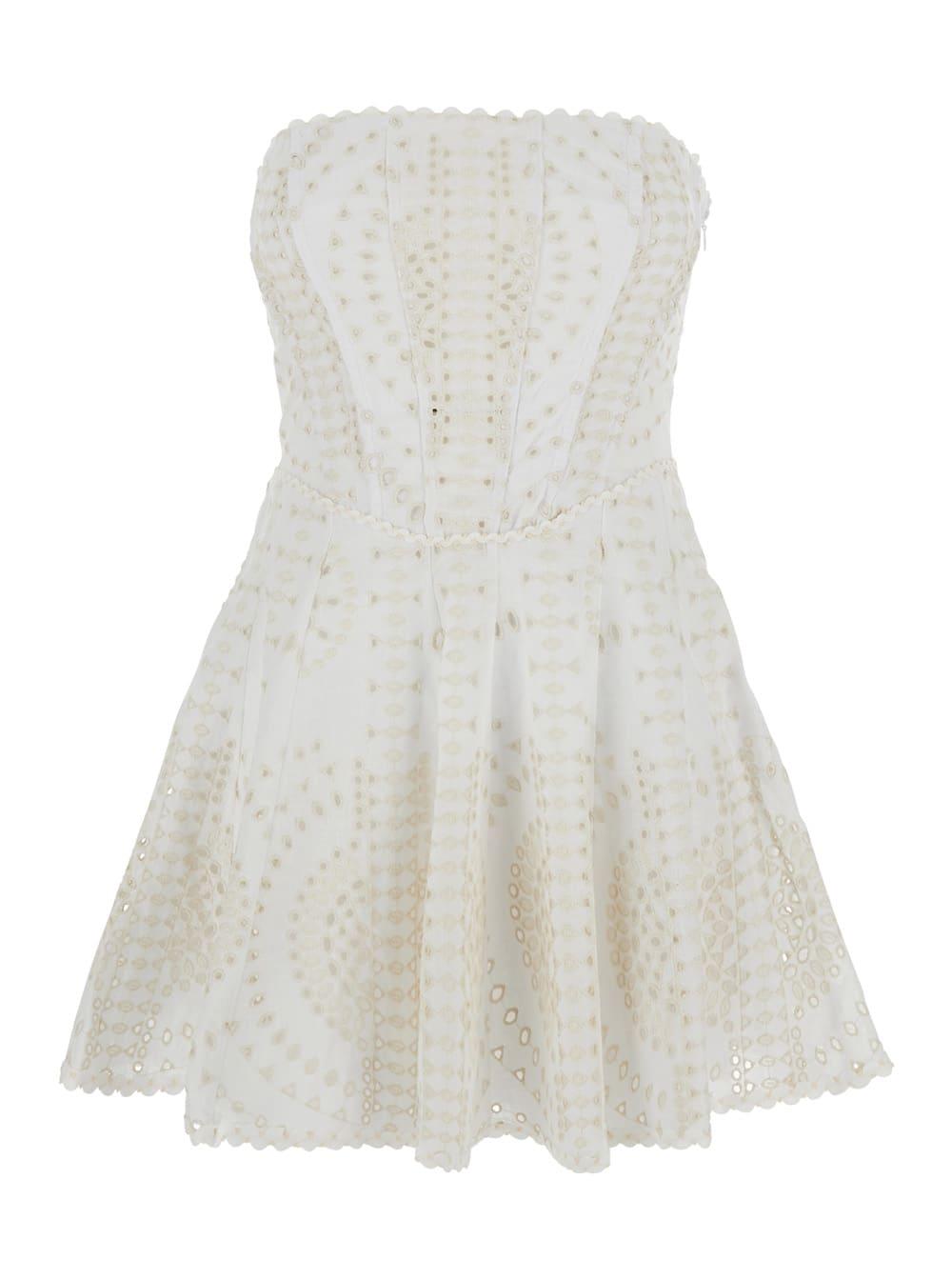 charo ruiz clem white dress with flounce skirt and all-over embroidery in cotton and linen blend woman