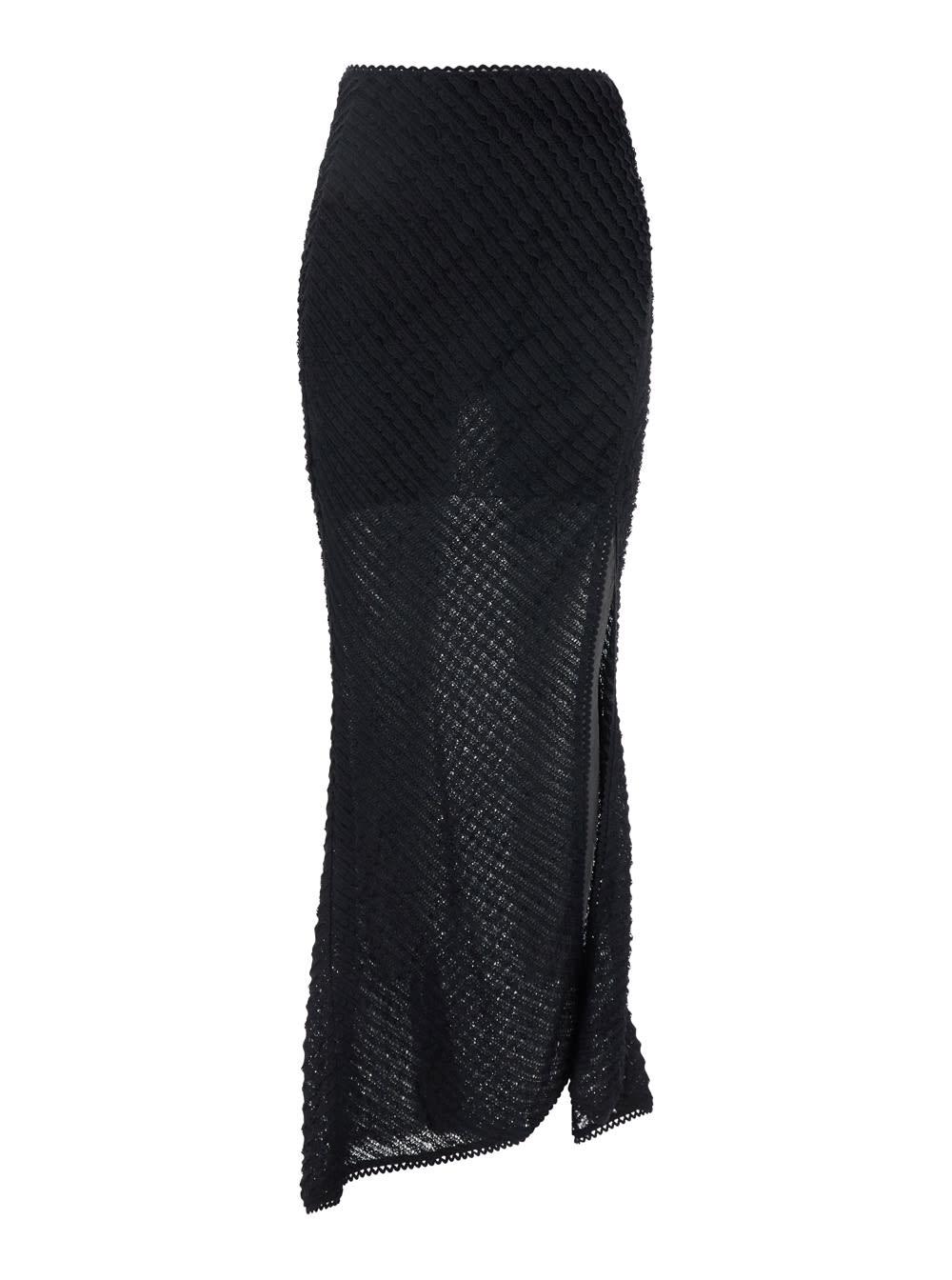 charo ruiz erin black long skirt with side single slit and all-over embroidery in tech fabric woman