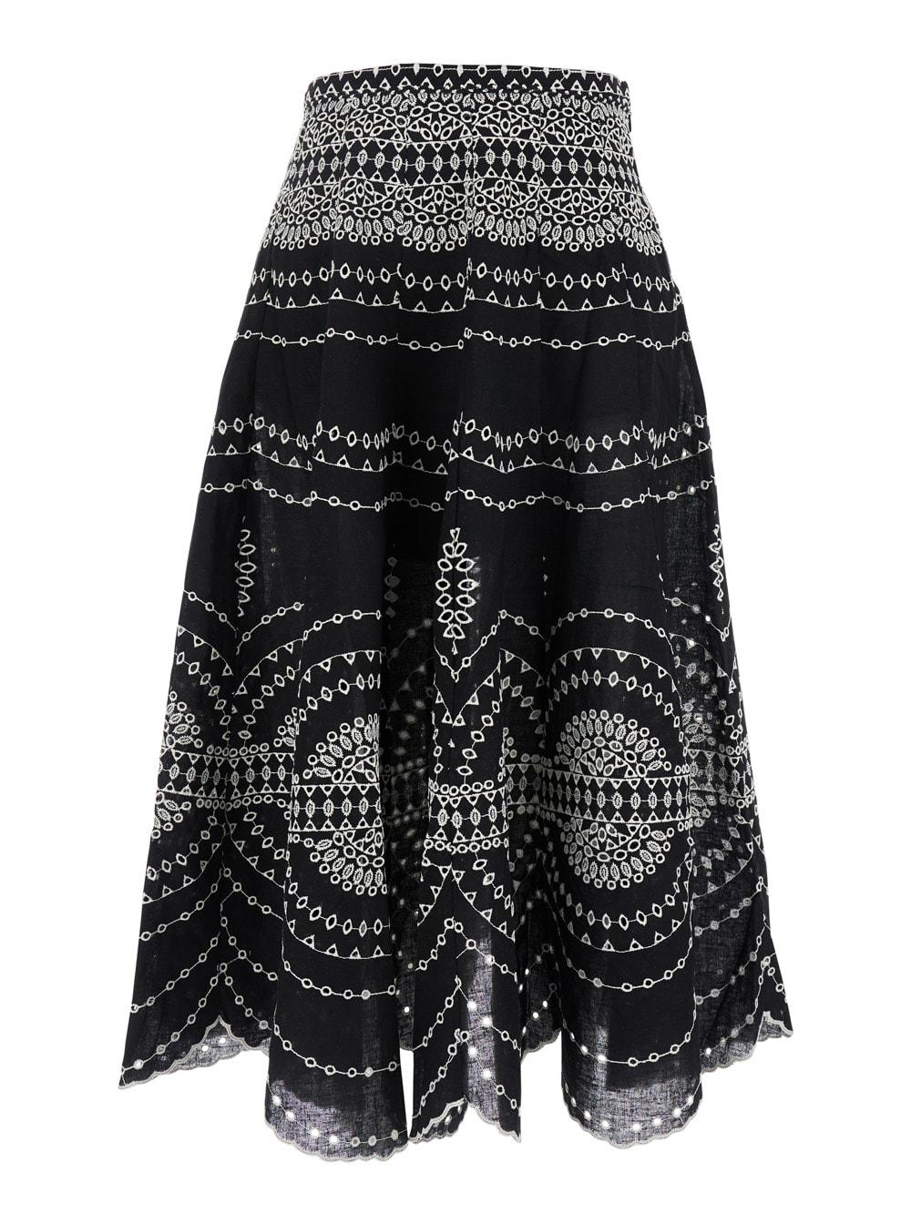 charo ruiz livvy black midi skirt with scallop hem and all-over embroidery in cotton nad linen blend woman