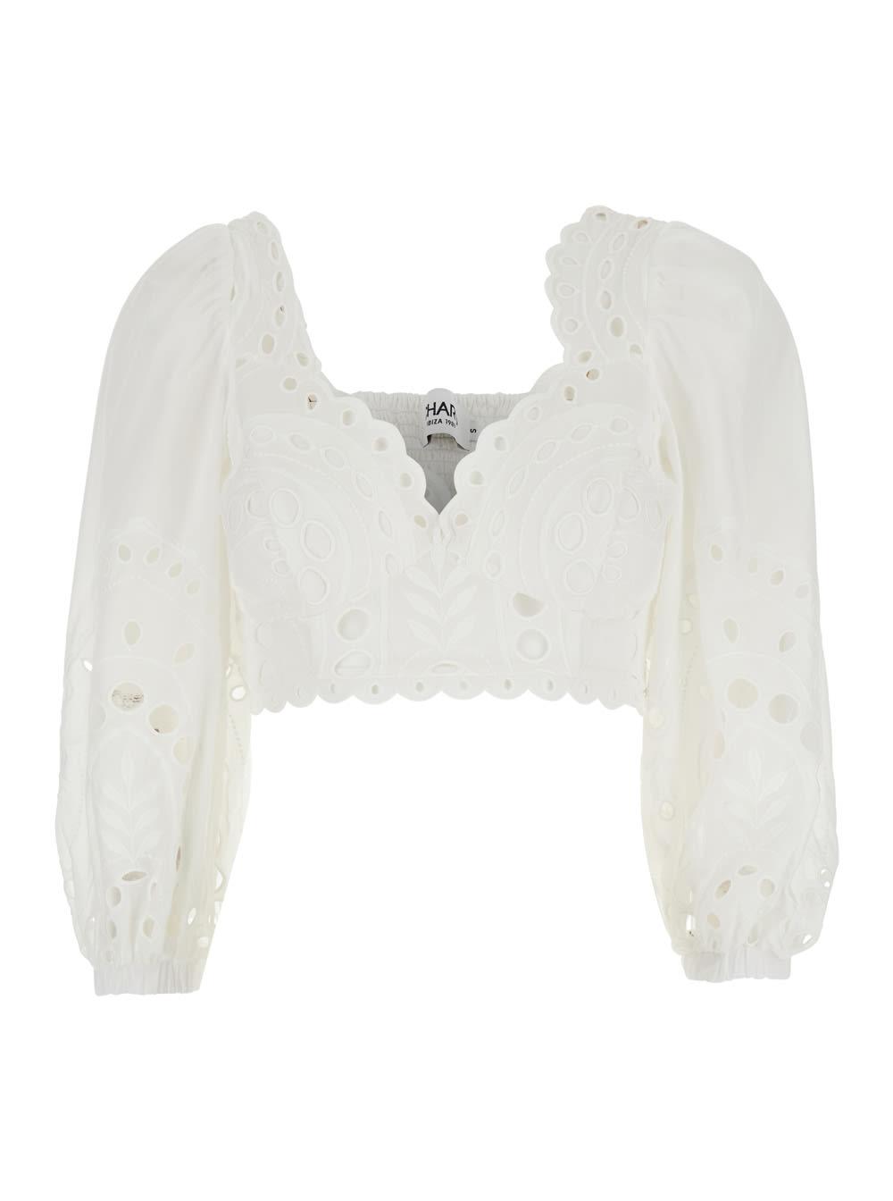 charo ruiz luna white top with deep neckline and intricate embroidery in cotton blend for women
