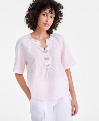 charter club womens 100 linen embellished neck elbow sleeve top macys exclusive