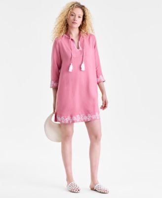 charter club womens 100 linen embroidered dress macys exclusive
