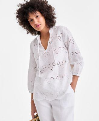 charter club womens 100 linen eyelet embroidered blouson sleeve top macys exclusive