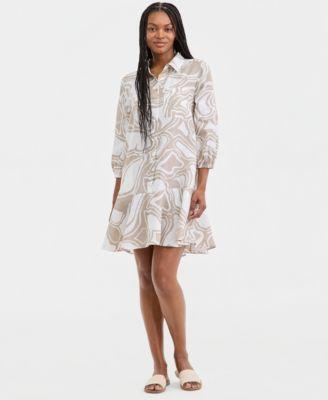 charter club womens 100 linen print button front 3 4 sleeve dress macys exclusive