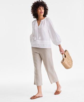 charter club womens 100 linen solid cropped pull on pants created for macys