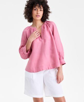 charter club womens 100 linen split neck 3 4 sleeve blouse macys exclusive