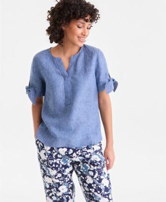 charter club womens 100 linen split neck tie cuff top created for macys
