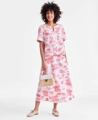 charter club womens 100 linen split neck top midi skirt exclusively at macys