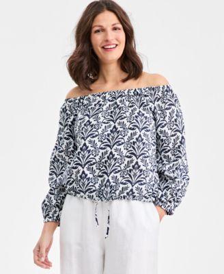 charter club womens 100 linen tile on off shoulder 3 4 sleeve top macys exclusive