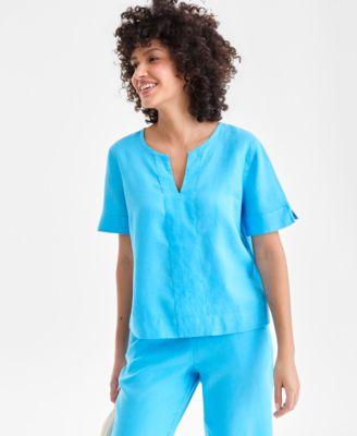 charter club womens split neck 100 linen top exclusively at macys
