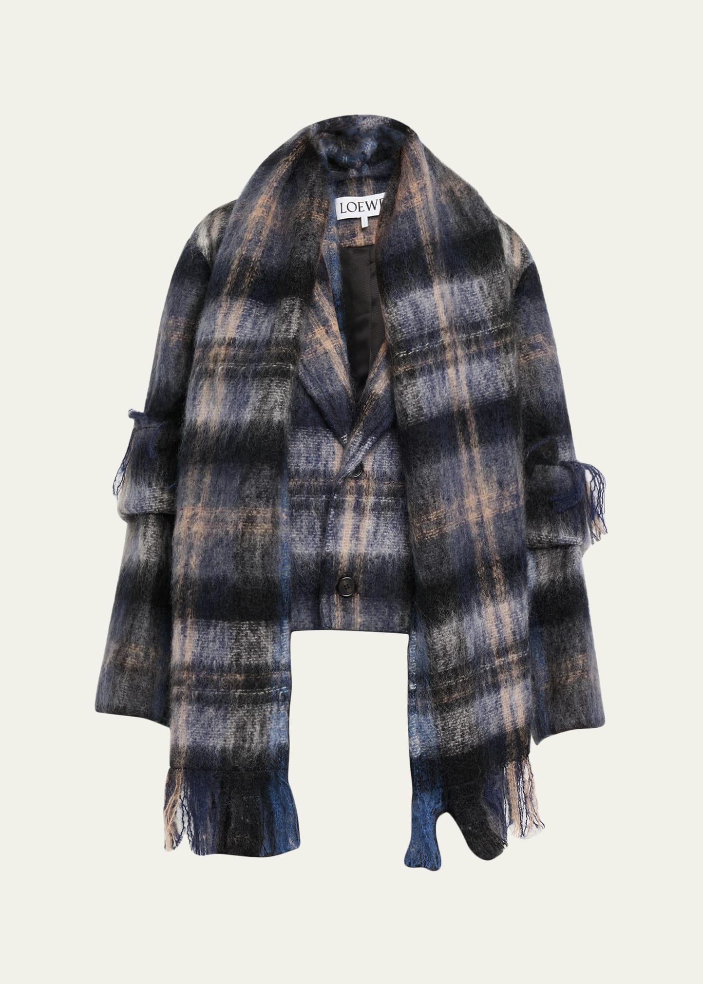 check alpaca fringe scarf jacket