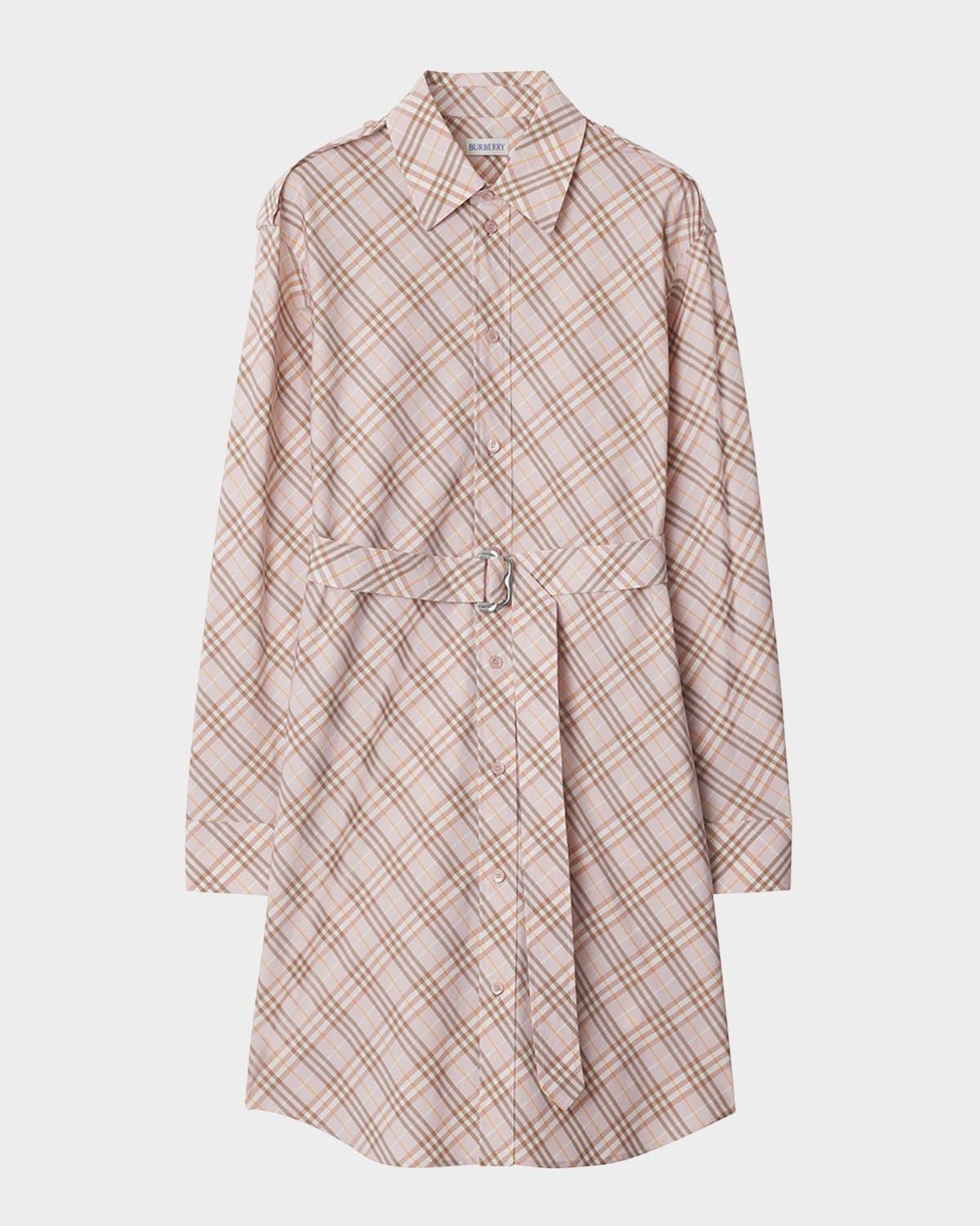check belted long-sleeve mini shirtdress