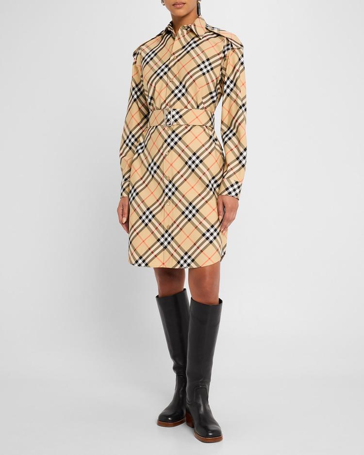 check belted long-sleeve shirtdress