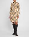 check belted long-sleeve shirtdress