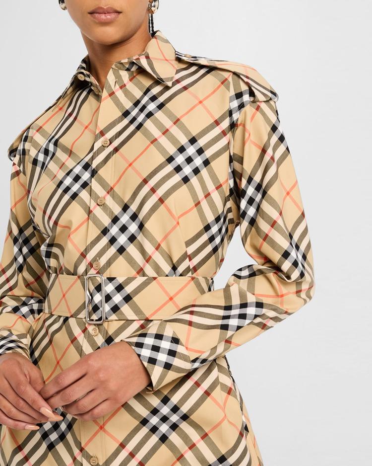 check belted long-sleeve shirtdress