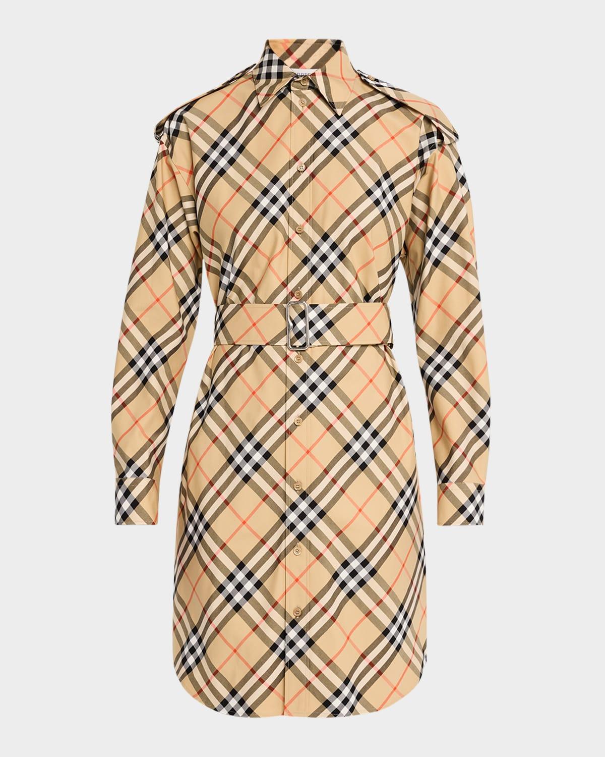 check belted long-sleeve shirtdress