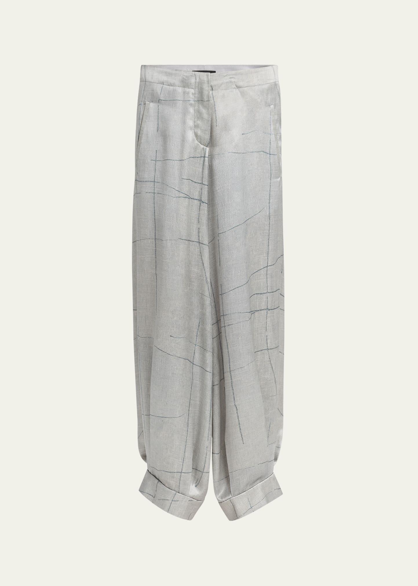 check cuffed wide leg silk trousers