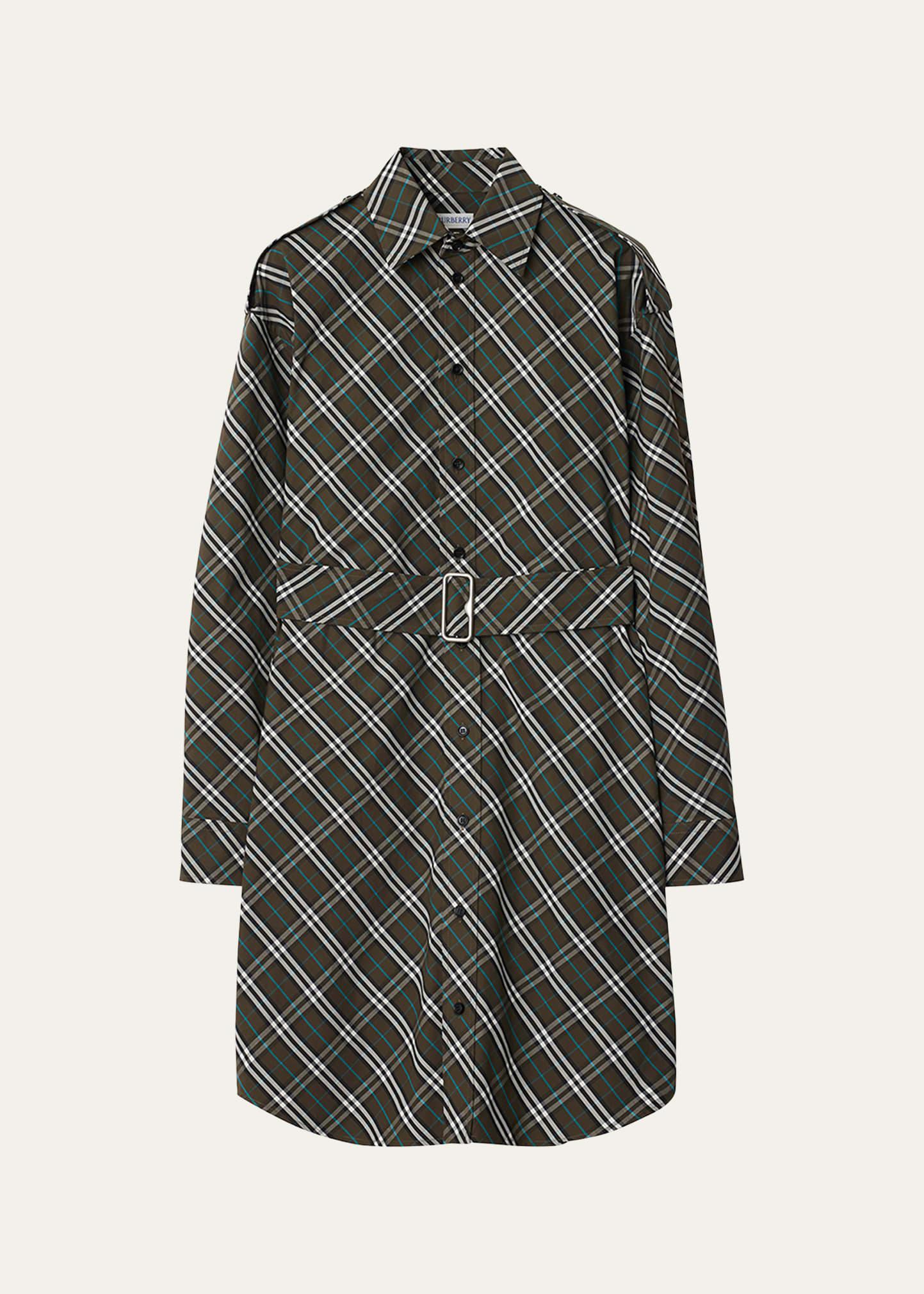 check long-sleeve belted shirtdress