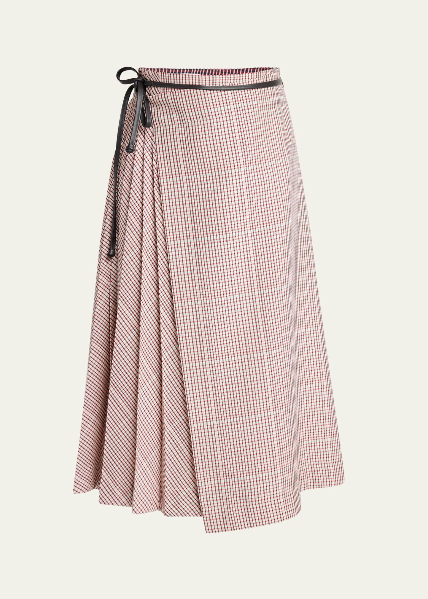 check pleated midi wrap skirt