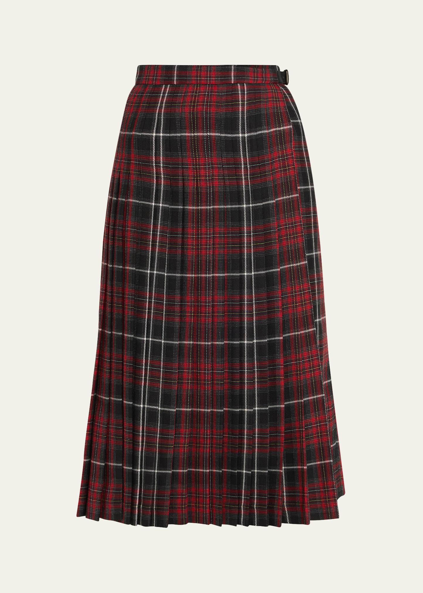 check pleated wrap midi skirt
