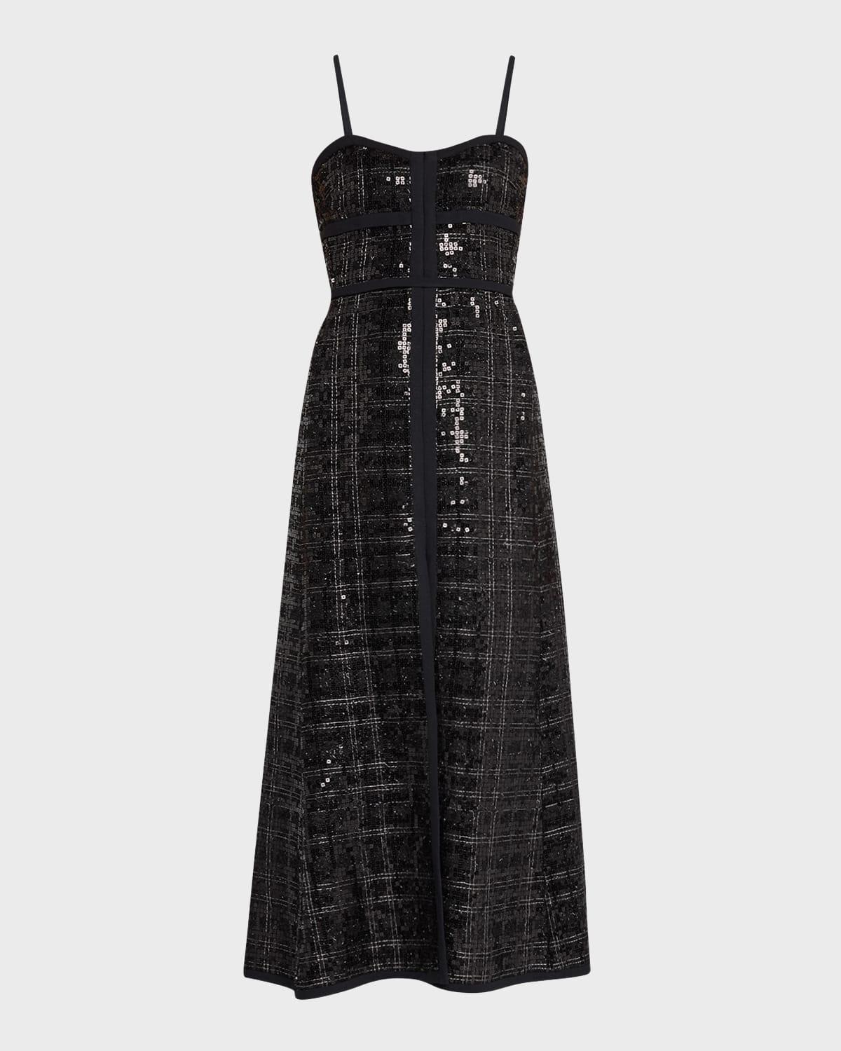 check sequin tweed sleeveless midi dress