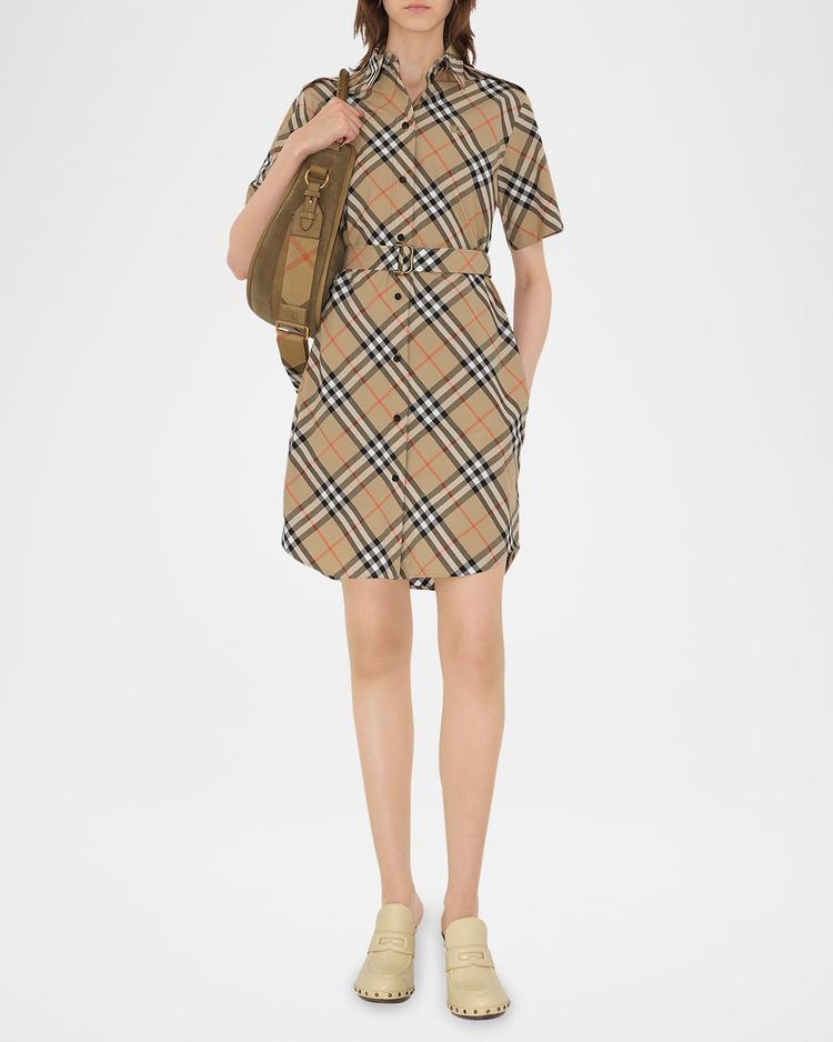 check short-sleeve belted mini shirtdress