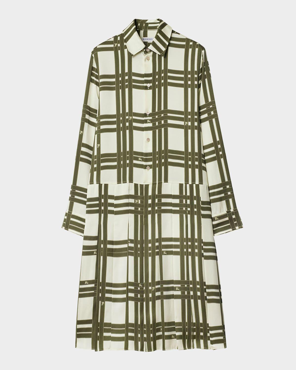 check silk long-sleeve pleated shirtdress
