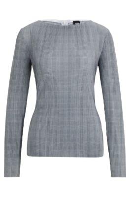 checked, pleated slim-fit top- patterned women's business blouses