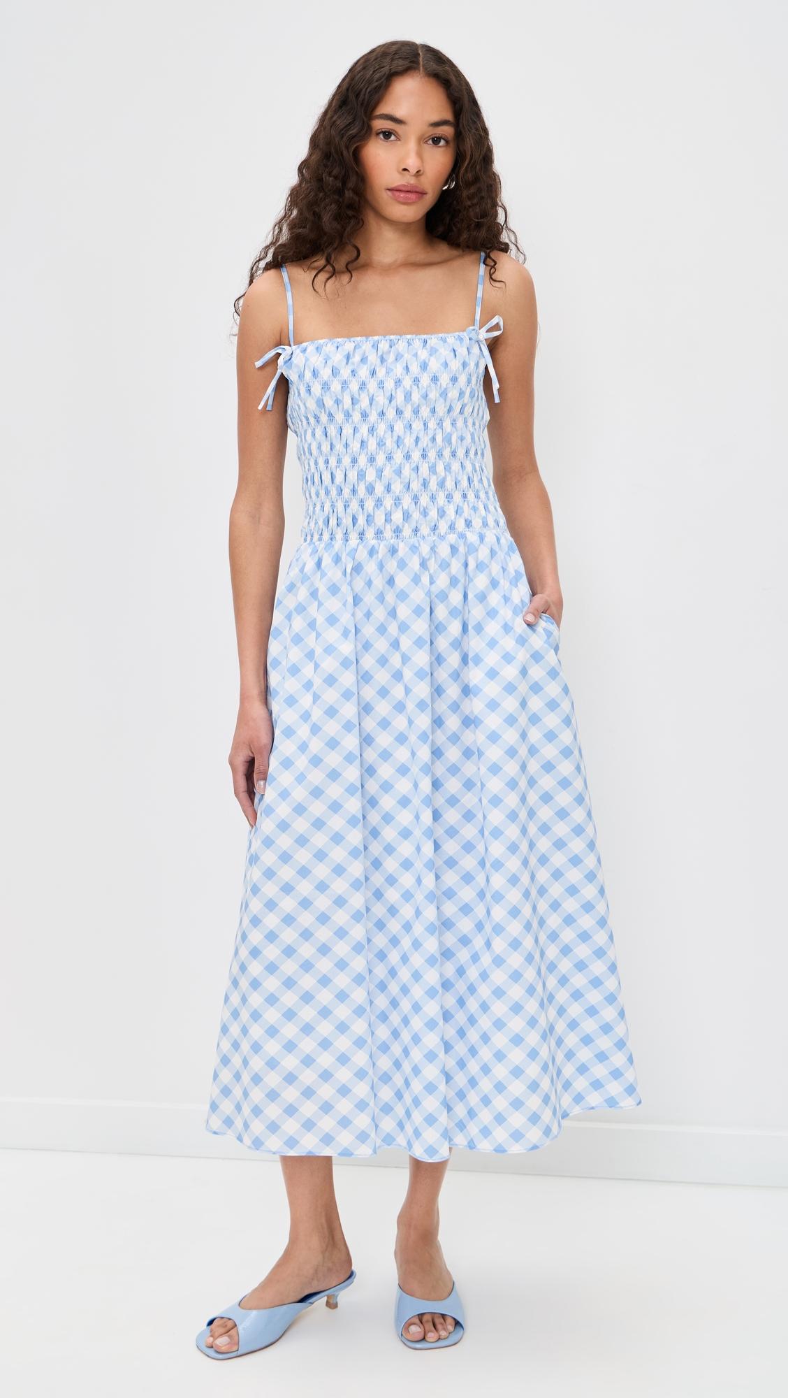 checked smocked midi dress