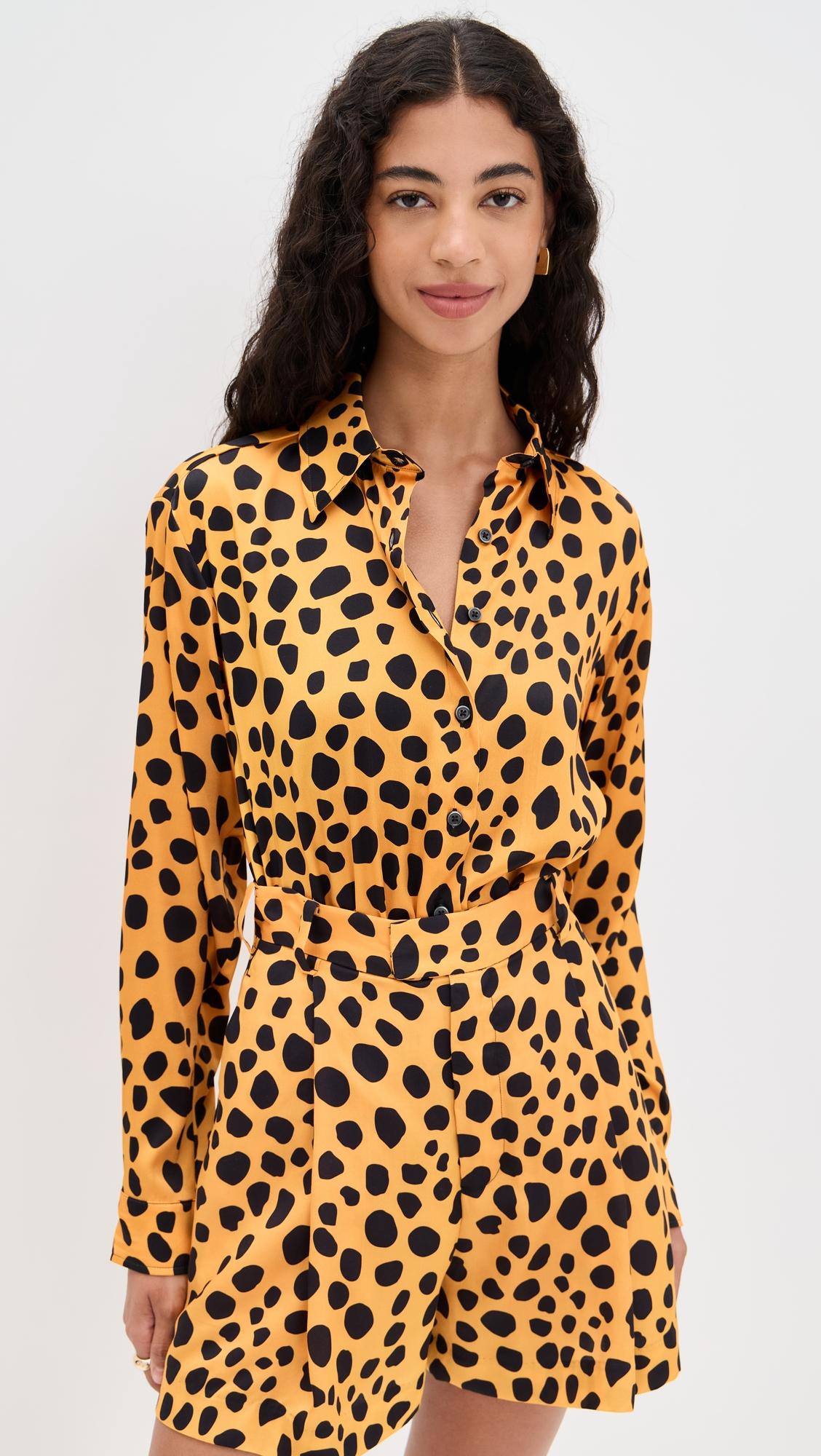 cheetah spot stretch silk button up shirt