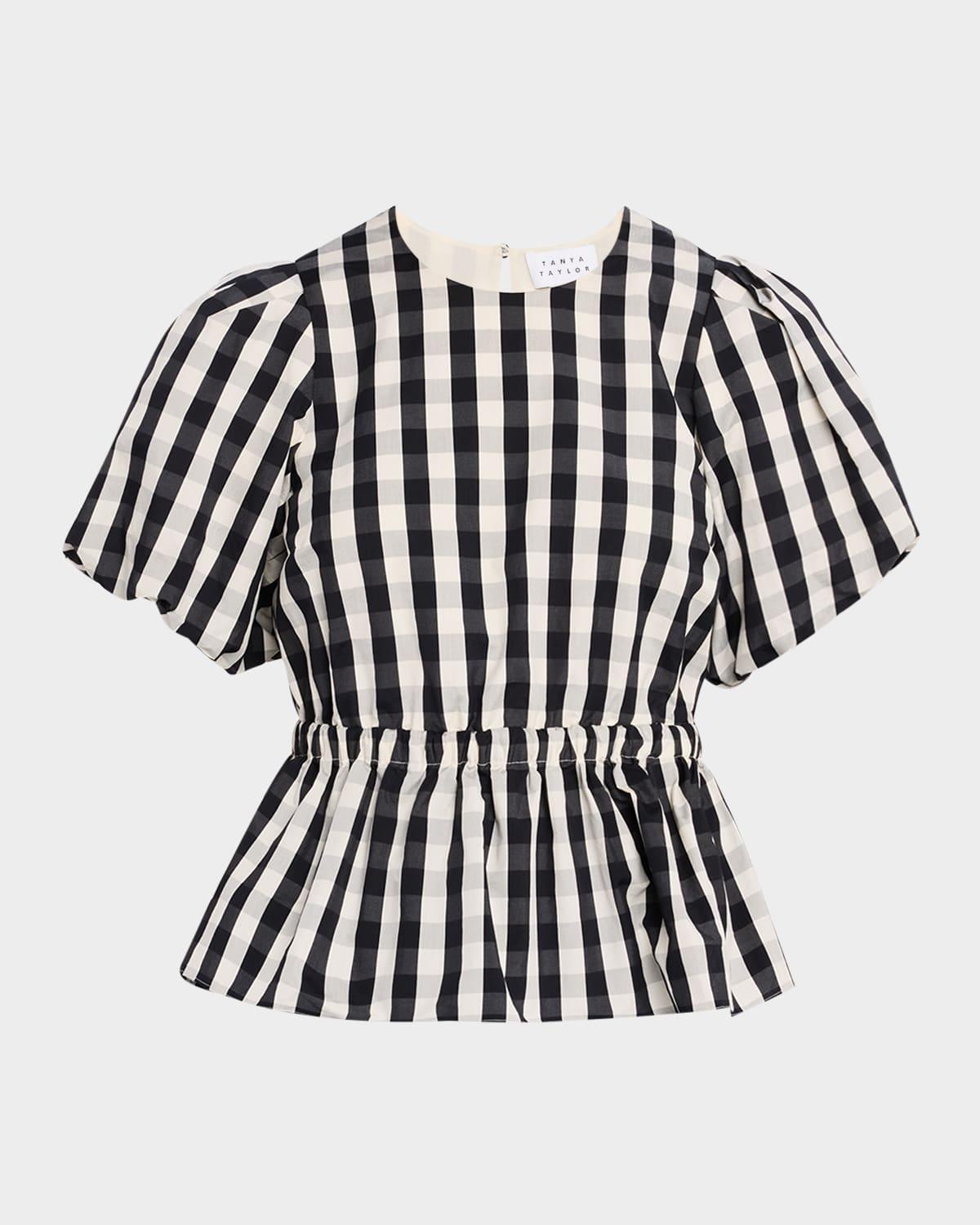 chelsey check puff-sleeve peplum top