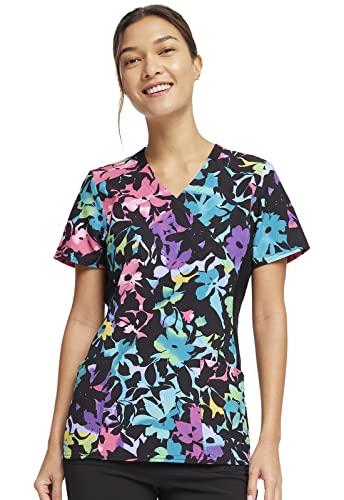 cherokee iflex women scrubs top mock wrap knit panel print ck642, m, rainbow fleurs