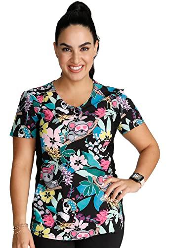 cherokee iflex women scrubs top v-neck print ck732, m, dreamy jungle