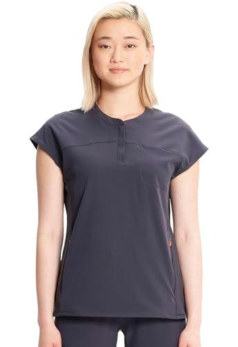 cherokee infinity scrub top for women contemporary fit round neck 3 pocket with covered placket with partial zip in622a, xxs, pewter