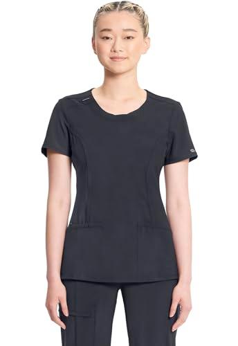 cherokee infinity scrubs for women round neck scrub top with 3 pockets & 360° stretch 2624a, l, pewter