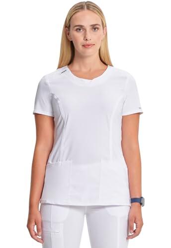 cherokee infinity scrubs for women round neck scrub top with 3 pockets & 360° stretch 2624a, l, white