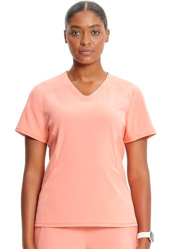 cherokee infinity women's v-neck scrub top with kangaroo pocket, high-low hem in620a, m, electric coral