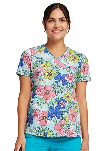 cherokee prints women scrubs top mock wrap print ck614, xl, retro buds