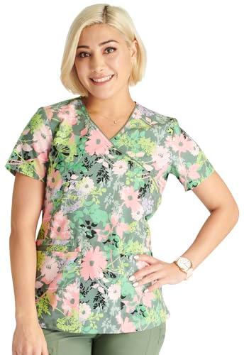 cherokee prints women scrubs top mock wrap print ck688, xl, botanics in bloom
