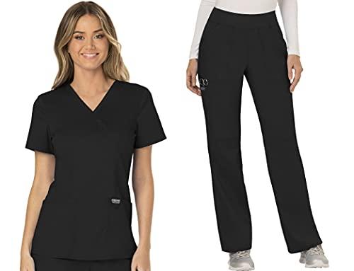cherokee scrub set for women, modern classic fit mock wrap top ww610 with mid rise, straight leg pant ww110, black- s top/m pant