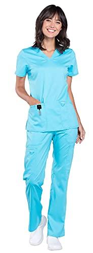 cherokee scrub set for women modern classic fit 3 pockets v-neck top ww620 with 5 pockets moderate flare leg pant ww120, turquoise- m top/m pant