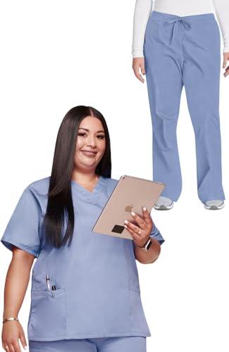 cherokee scrub set for women traditional fit dolman sleeve, v-neck top 4700 natural rise flare leg drawstring pant 4101, ciel- xs top/s petite pant