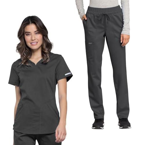 cherokee scrub set for women v-neck scrub top ww601 mid rise tapered leg drawstring scrub pant ww105, pewter- large top/large pant