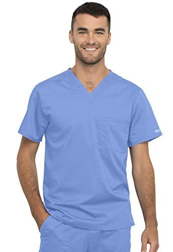 cherokee scrub top for women & men, v-neck tuckable medical shirt with 1 chest pocket & id loop - ww625, m, ciel blue