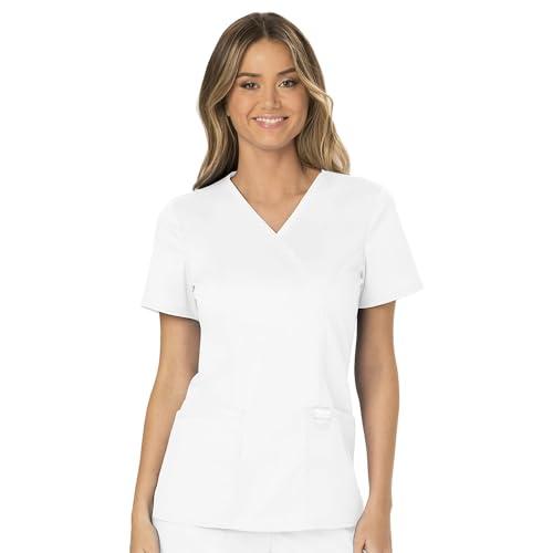 cherokee scrubs for women mock wrap top with 3 pocket, back princess seams ww610, l, white