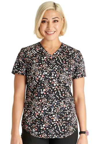 cherokee scrubs for women v-neck printed scrub top modern classic fit with 3 pockets, shaping darts & side vents ck664, m, sweetheart geo